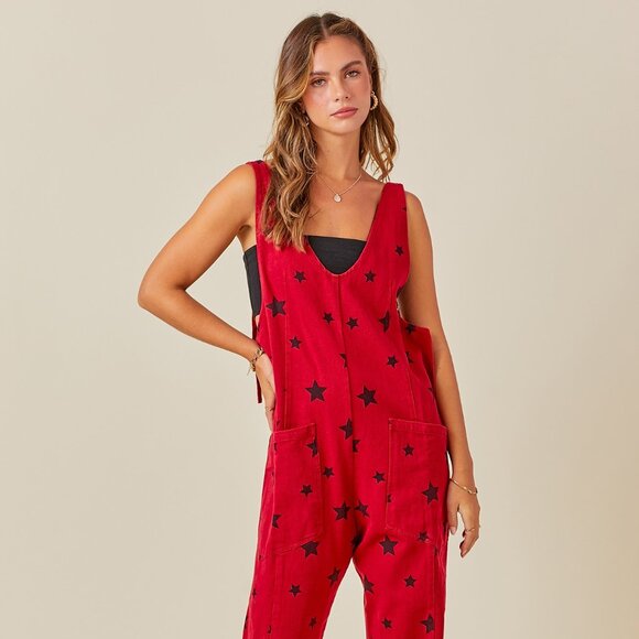 RED & BLACK Star Print One-Piece College Pro Fan GAMEDAY DENIM Onesie Jumpsuit - Picture 5 of 11